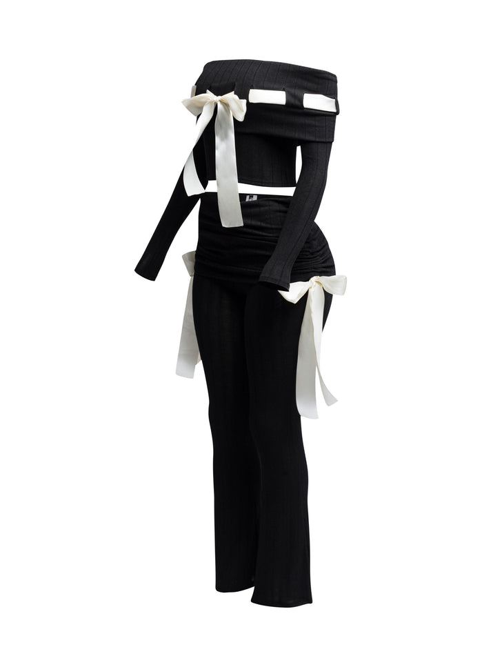 Off shoulder ribbon trim detailed top & pants set - Muvin 