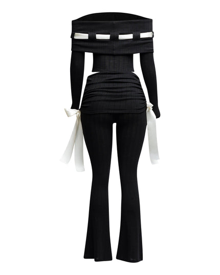 Off shoulder ribbon trim detailed top & pants set - Muvin 