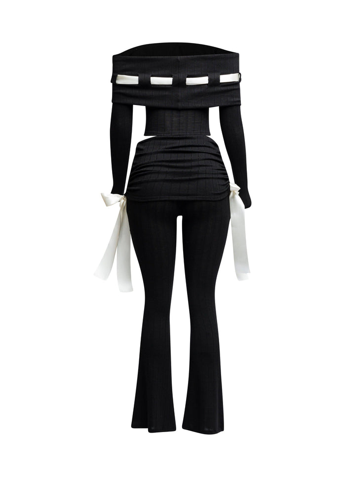 Off shoulder ribbon trim detailed top & pants set - Muvin 