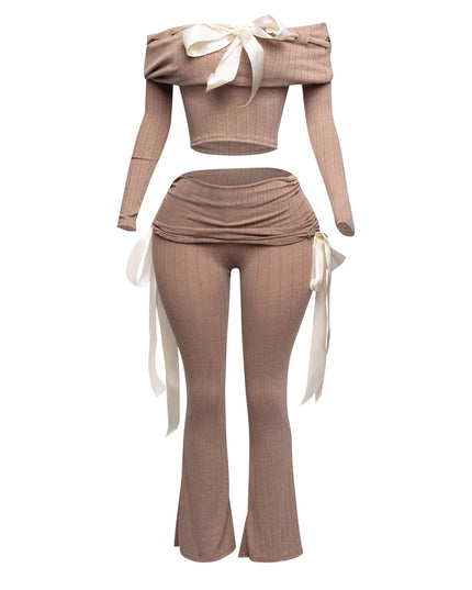 Off shoulder ribbon trim detailed top & pants set - Muvin 
