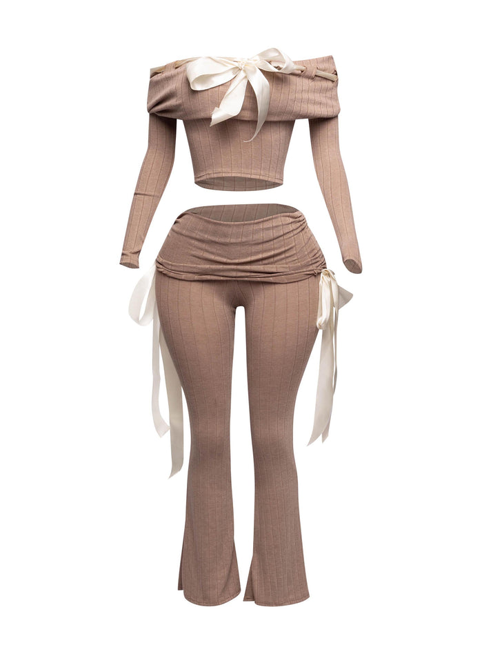 Off shoulder ribbon trim detailed top & pants set - Muvin 