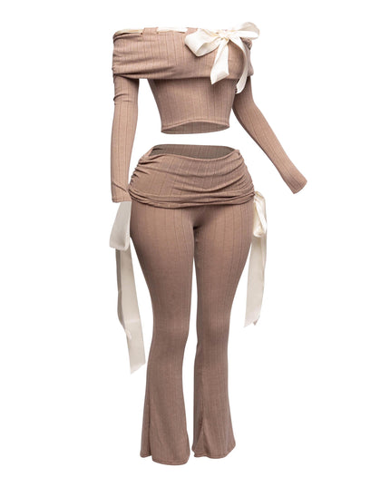 Off shoulder ribbon trim detailed top & pants set - Muvin 