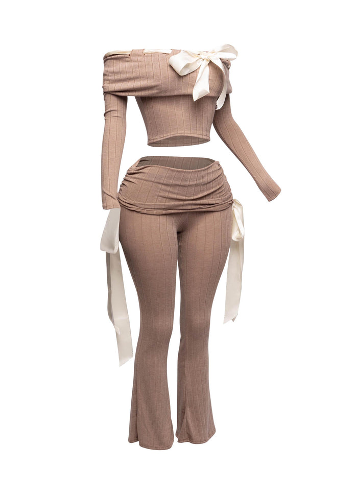 Off shoulder ribbon trim detailed top & pants set - Muvin 