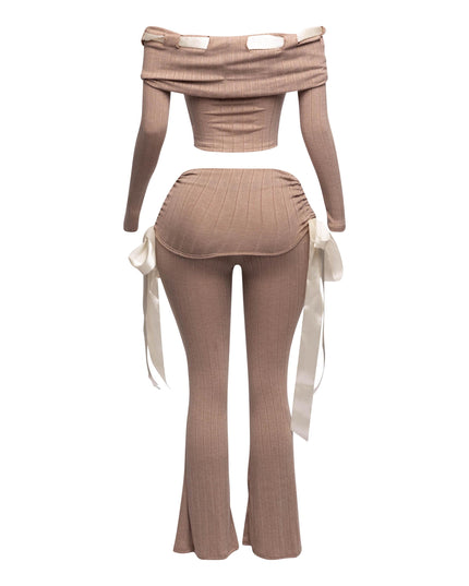 Off shoulder ribbon trim detailed top & pants set - Muvin 