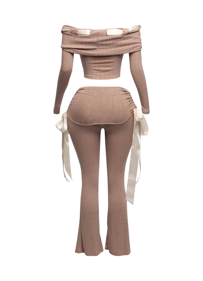 Off shoulder ribbon trim detailed top & pants set - Muvin 