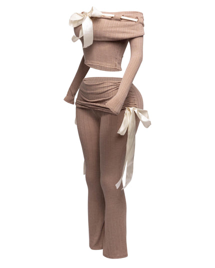 Off shoulder ribbon trim detailed top & pants set - Muvin 