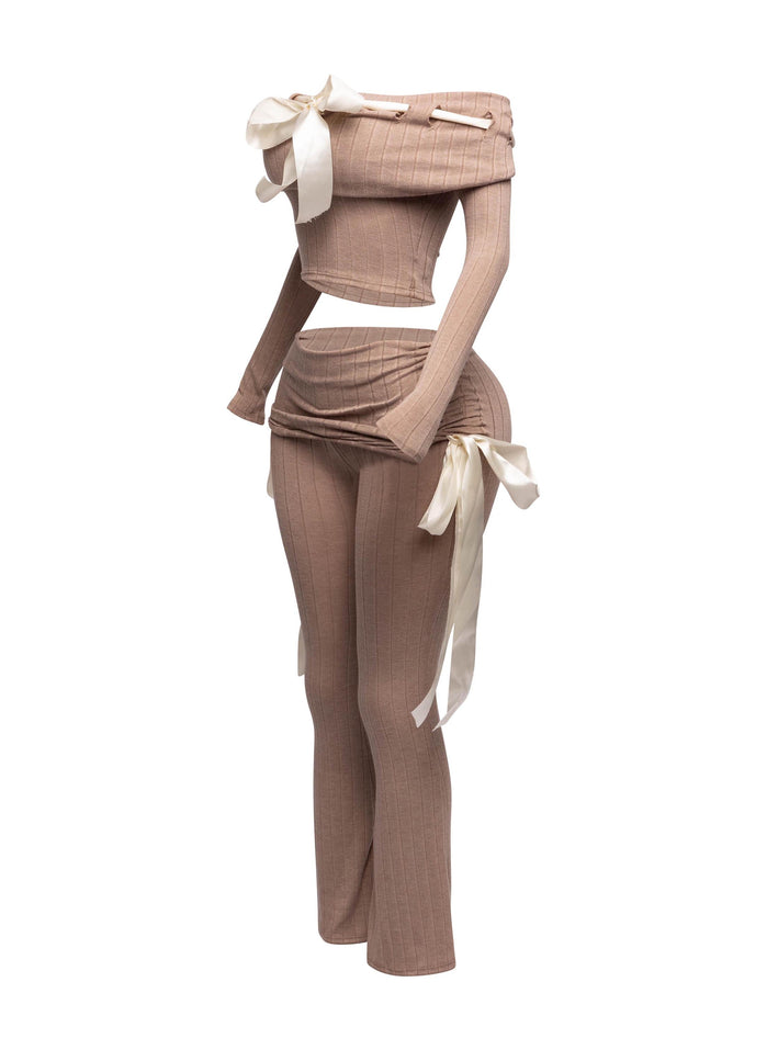 Off shoulder ribbon trim detailed top & pants set - Muvin 
