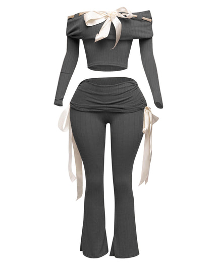 Off shoulder ribbon trim detailed top & pants set - Muvin 