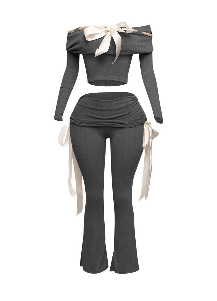 Off shoulder ribbon trim detailed top & pants set - Muvin 