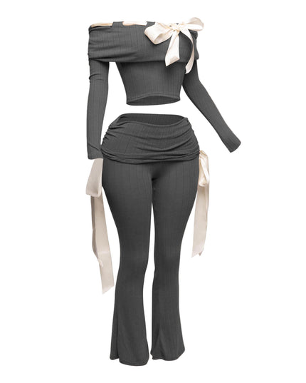 Off shoulder ribbon trim detailed top & pants set - Muvin 