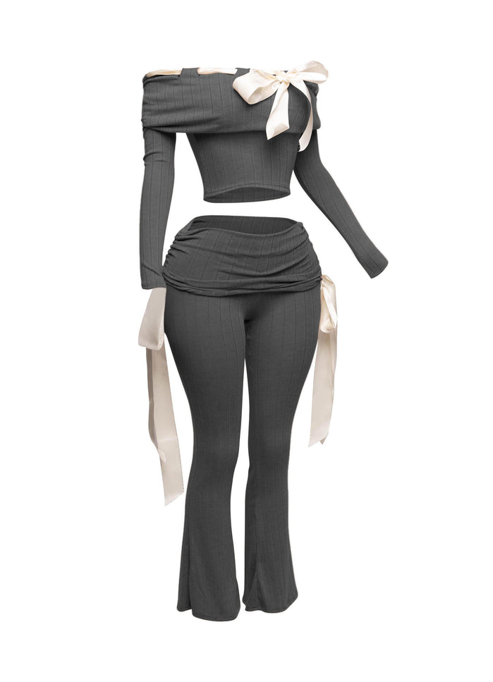 Off shoulder ribbon trim detailed top & pants set - Muvin 