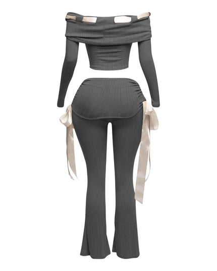Off shoulder ribbon trim detailed top & pants set - Muvin 