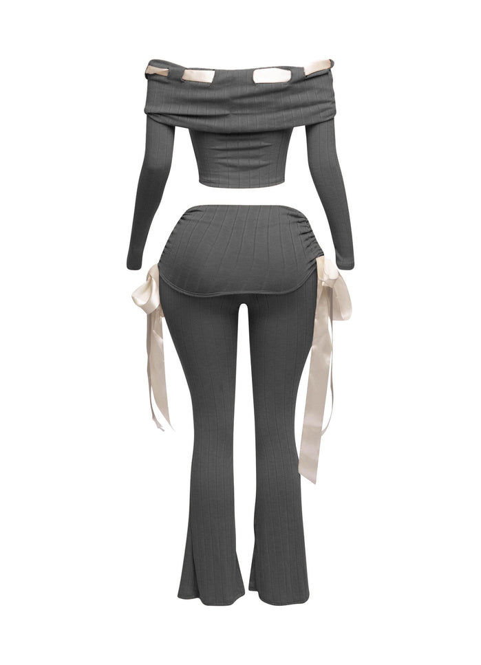 Off shoulder ribbon trim detailed top & pants set - Muvin 