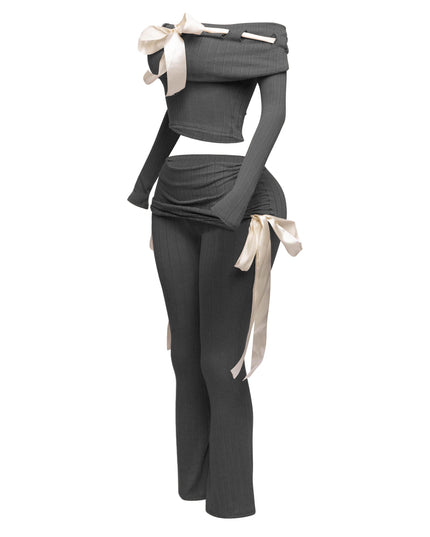 Off shoulder ribbon trim detailed top & pants set - Muvin 