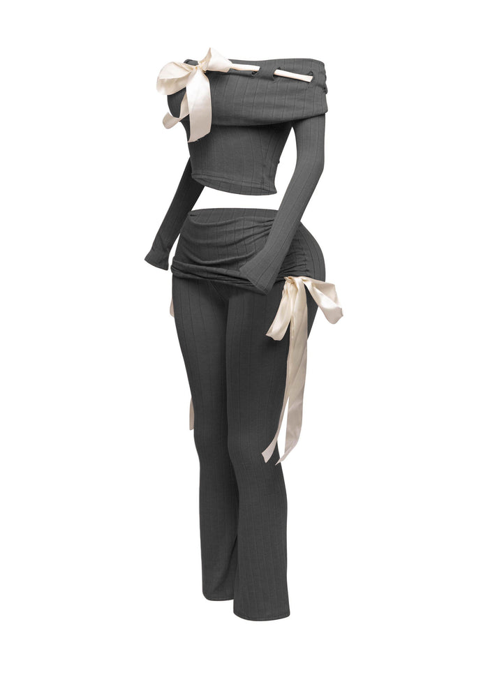 Off shoulder ribbon trim detailed top & pants set - Muvin 