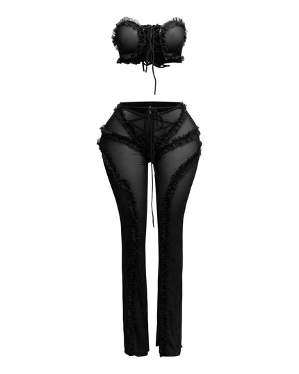 Ruffle detailed sheer mesh pants set - Muvin 