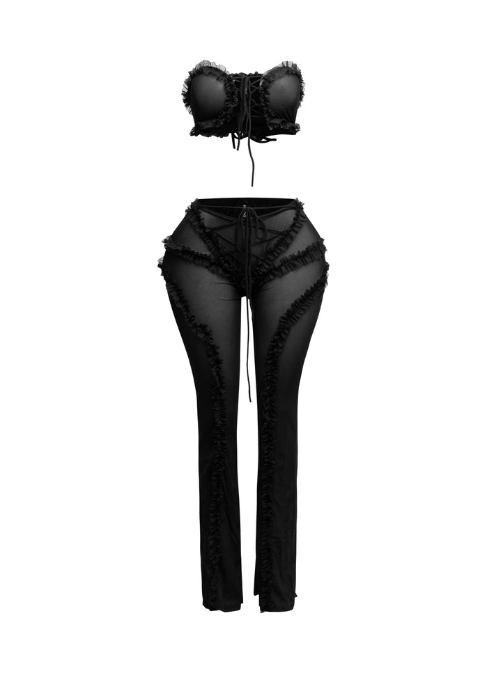 Ruffle detailed sheer mesh pants set - Muvin 