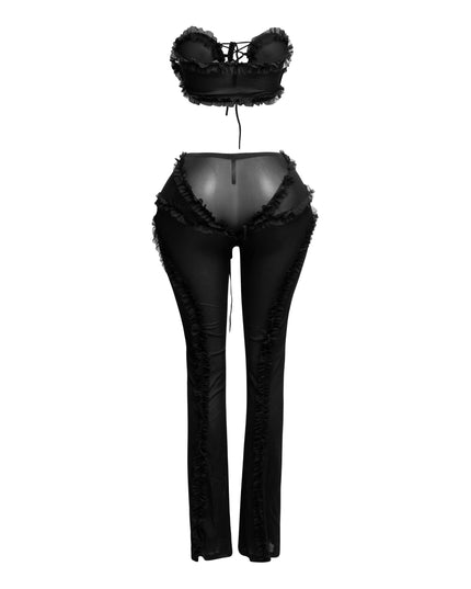 Ruffle detailed sheer mesh pants set - Muvin 