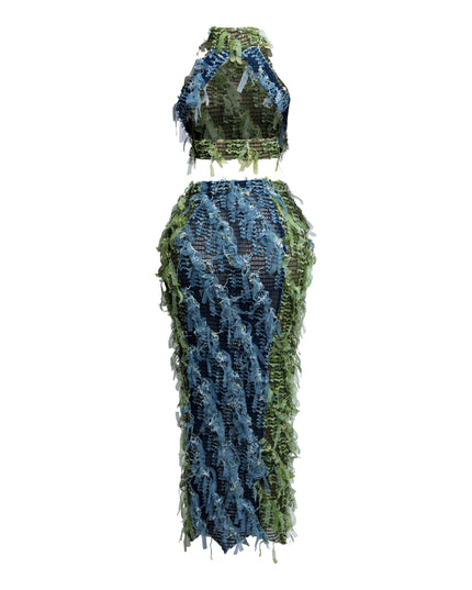 Distressed smocked mesh tank and maxi skirt set - Muvin 