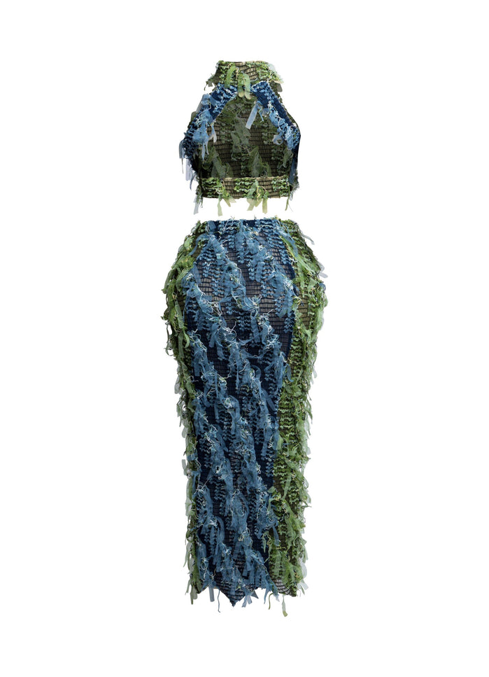Distressed smocked mesh tank and maxi skirt set - Muvin 