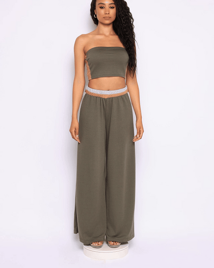 Strapless crop top & wide leg pants set - Muvin 