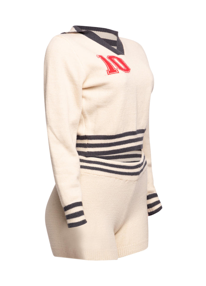 Vintage-Inspired Knit Two-Piece Set with Varsity Details - Muvin 
