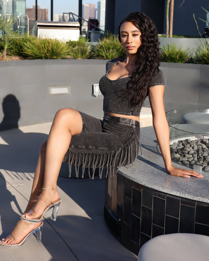 Mineral washed fringe biker set. - Muvin 
