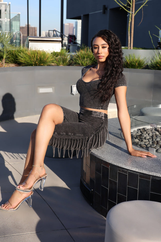 Mineral washed fringe biker set. - Muvin 