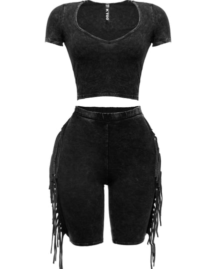 Mineral washed fringe biker set. - Muvin 