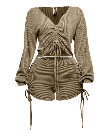 Ruched drawstring long sleeve crop top & shorts set - Muvin 
