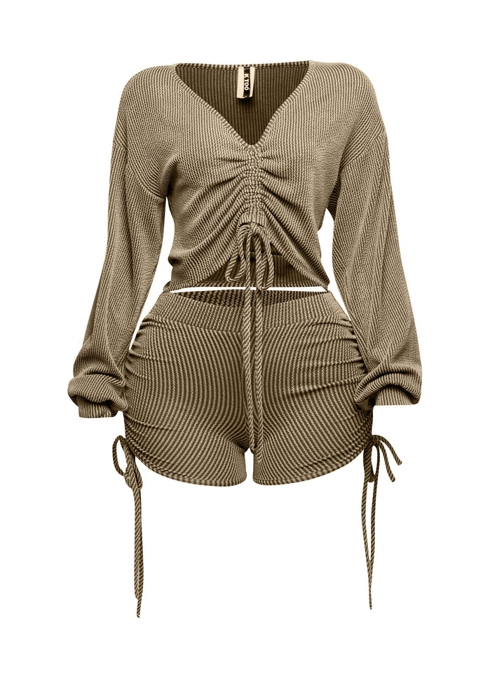 Ruched drawstring long sleeve crop top & shorts set - Muvin 