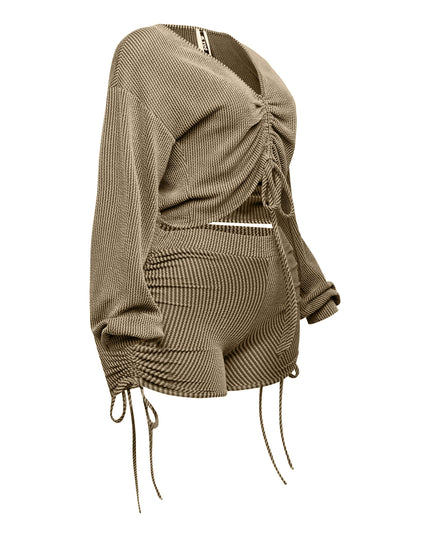 Ruched drawstring long sleeve crop top & shorts set - Muvin 