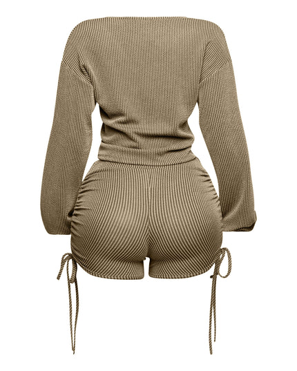 Ruched drawstring long sleeve crop top & shorts set - Muvin 