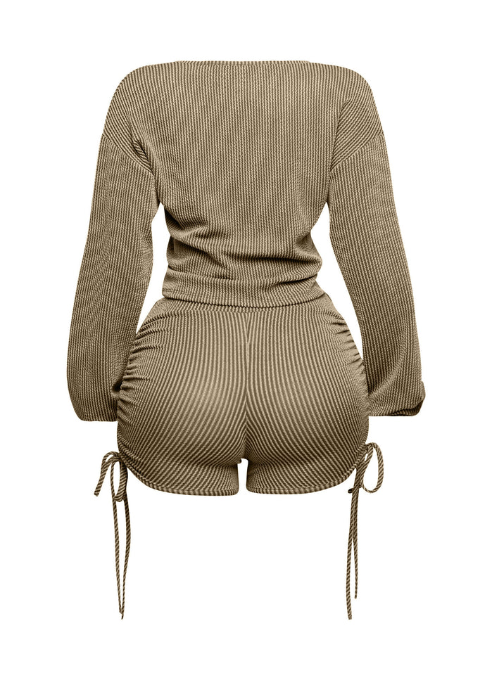 Ruched drawstring long sleeve crop top & shorts set - Muvin 