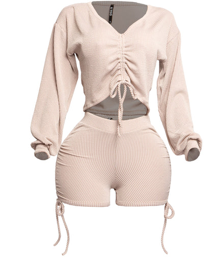 Ruched drawstring long sleeve crop top & shorts set - Muvin 