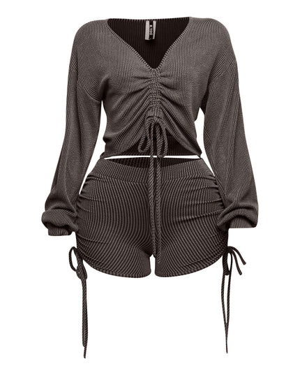 Ruched drawstring long sleeve crop top & shorts set - Muvin 
