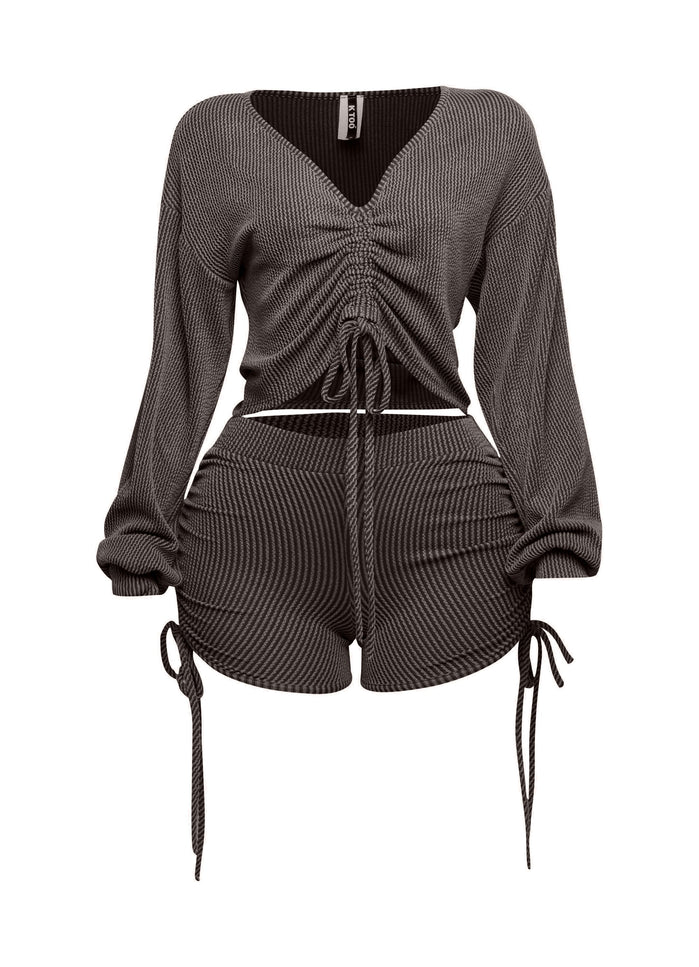 Ruched drawstring long sleeve crop top & shorts set - Muvin 