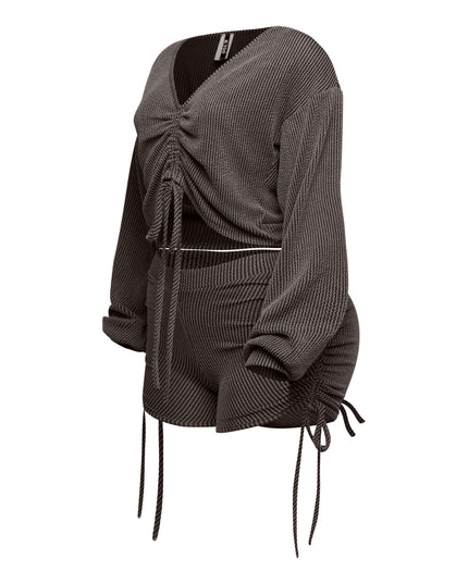 Ruched drawstring long sleeve crop top & shorts set - Muvin 