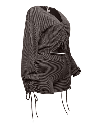 Ruched drawstring long sleeve crop top & shorts set - Muvin 