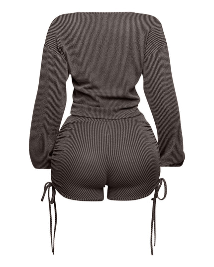 Ruched drawstring long sleeve crop top & shorts set - Muvin 