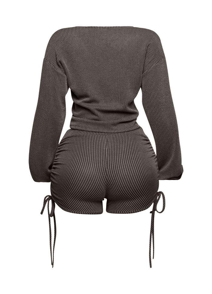 Ruched drawstring long sleeve crop top & shorts set - Muvin 