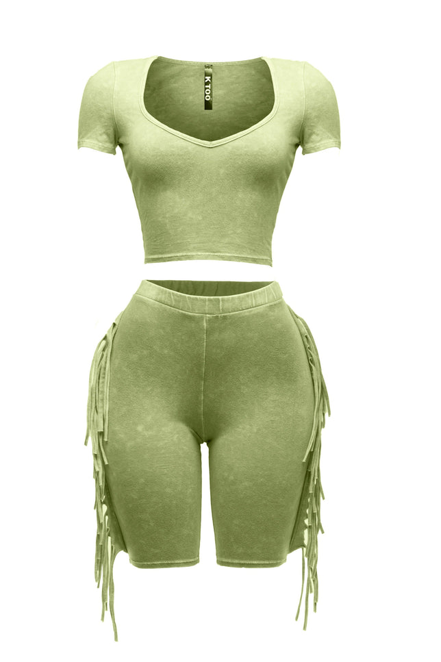 Mineral washed fringe biker set Green - Muvin 