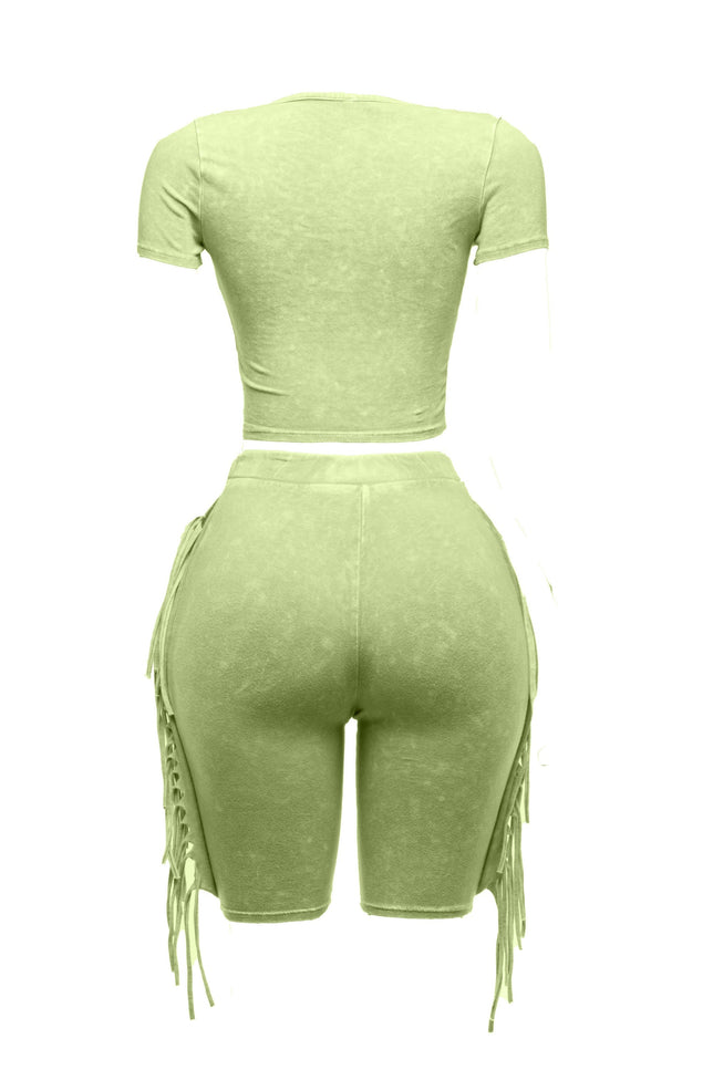 Mineral washed fringe biker set Green - Muvin 