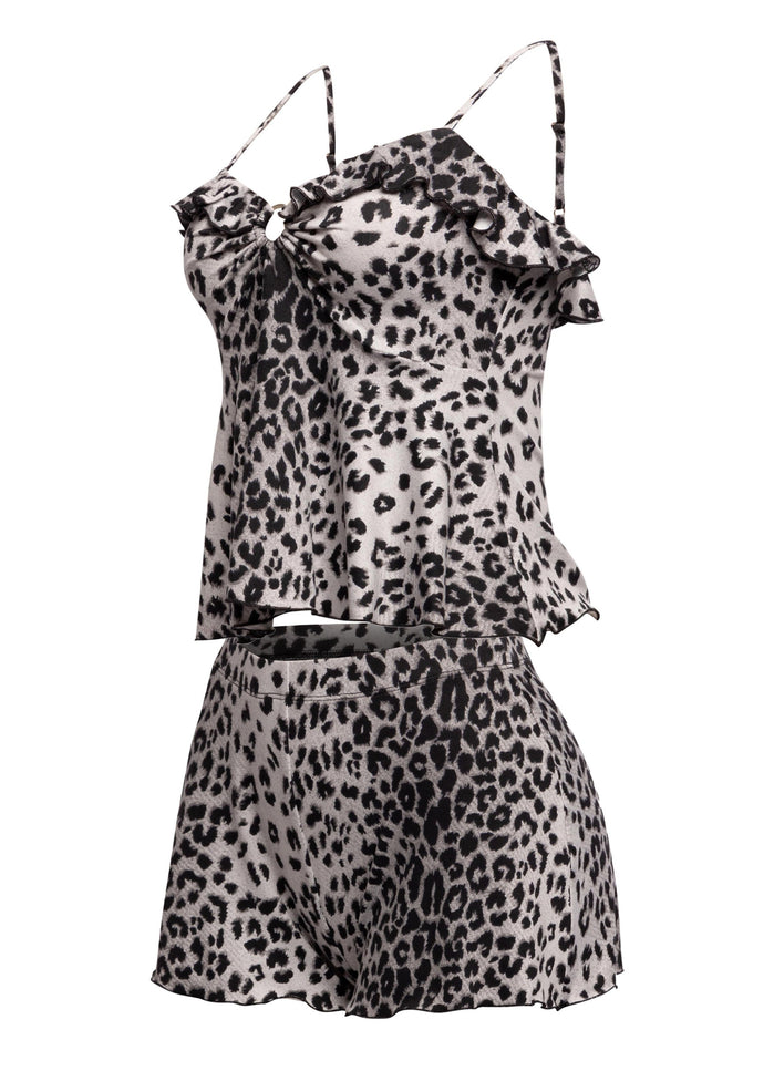 Leopard printed ruffle tank top & shorts set - Muvin 