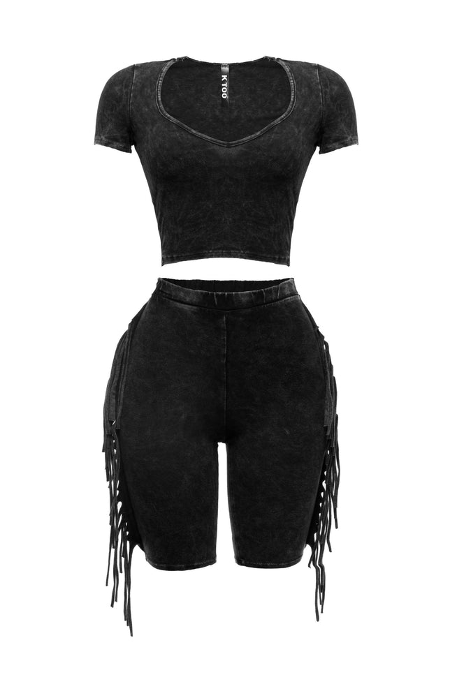 Mineral washed fringe biker set... - Muvin 