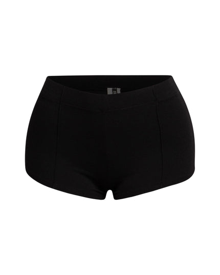 High-waisted black micro mini shorts with pintuck detailing and an elastic waistband, offering a sleek and stylish fit for bold, everyday outfits.