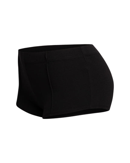 Trendy black micro mini shorts with pintuck detailing and a figure-hugging fit, ideal for modern minimalist fashion and daring ensembles.