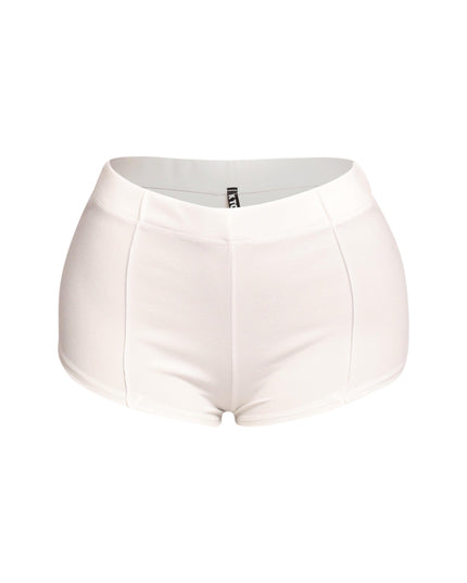 High-waisted micro mini shorts in white with a pintuck detail and elastic waistband, designed for a sleek and flattering fit. Perfect for a trendy and daring casual look.
