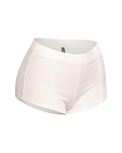 Minimalist white micro shorts with a pintuck finish and comfortable elastic waistband, perfect for modern streetwear or layered statement looks.