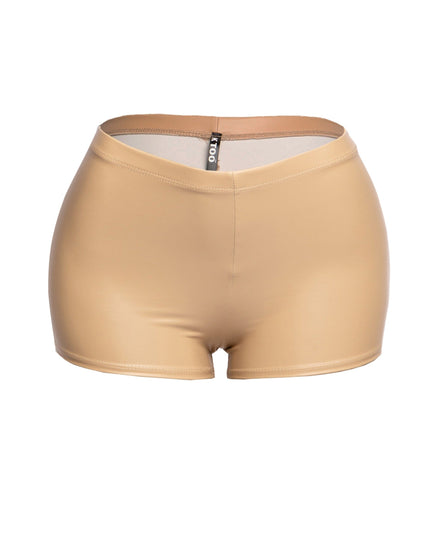 Nude matte finish mini shorts with wide waistband and sexy stretch fit


